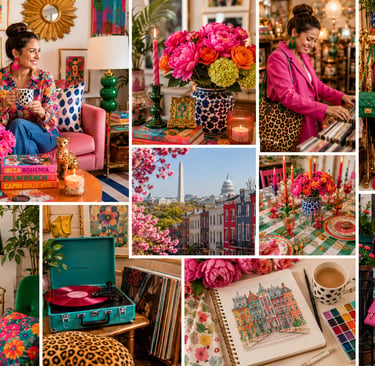 Collage of colorful maximalist home decor, vibrant fashion, and Washington DC city views with eclectic art.