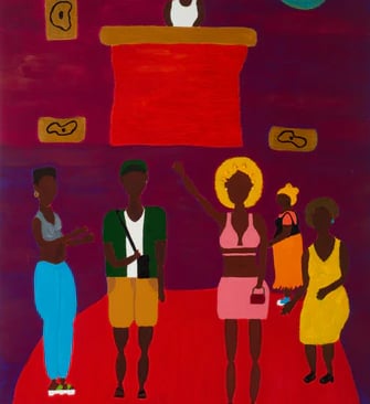 Pintura Celebração é Magia. Fundo em tom de roxo escuro. Seis pessoas negras curtem uma festa.