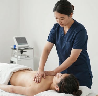 A friendly masseur warmly greeting a client at the reception desk.
