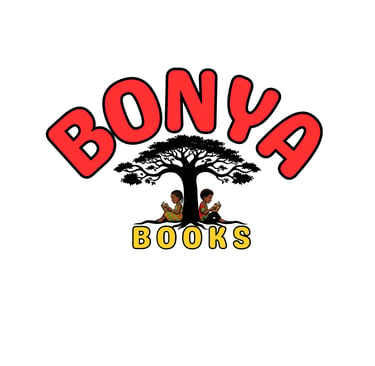 Bonya Books logo featuring a Baobab tree with two Black children reading underneath