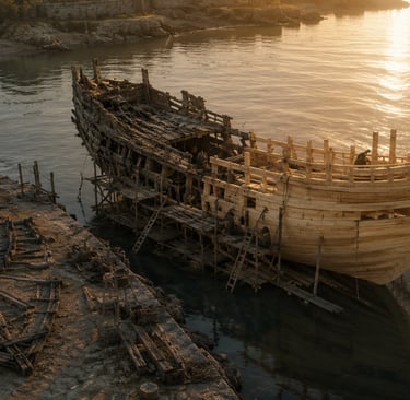 Um barco de mandeia, metade de madeira antiga, gasta, e outra parte nova, limpa.