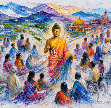 Buddha radiates compassion as diverse people gather, textured strokes symbolizing unity, peace, and mindful connection.