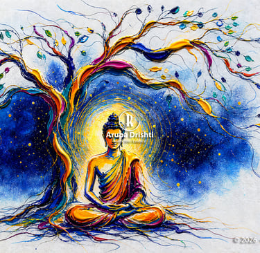 Siddhartha attains Enlightenment under the Bodhi Tree as illusion fades and a soft golden radiance reveals the Awakened One.