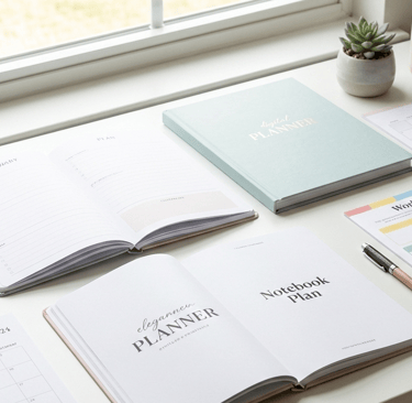 a flat-lay arrangement on a clean, minimalist desk. The key elements will be modern digital printables such as planners, etc.
