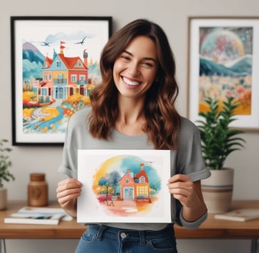 A smiling customer holding a freshly unwrapped art print with a joyful expression.