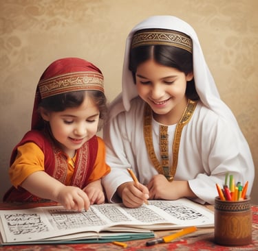 A community event with families enjoying cultural exchange, featuring traditional Arabic music and food.