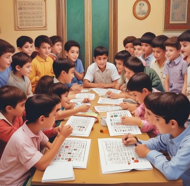 A lively classroom scene with children engaging in Arabic language activities, surrounded by green and orange decorations.