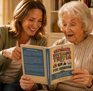 A middle-aged woman and a senior woman sitting together on a sofa, looking at an trivia book