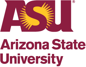 Arizona State University (ASU) logo, featuring maroon 'ASU' text with a golden sunburst over the 'S', followed by 'Arizona