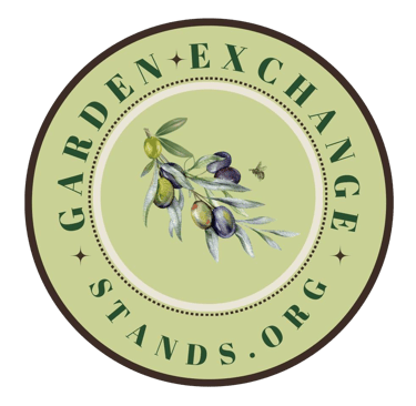 Garden Exchange Stands.org logo featuring an olive branch with fruit and a bee, encircled by the organization's name.
