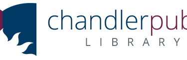 The Chandler Public Library logo, featuring a stylized sunburst graphic in maroon and blue, next to "chandlerpublic" and
