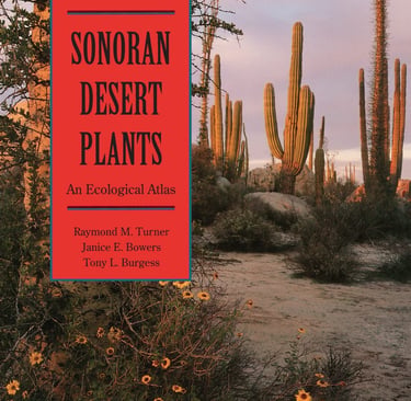 Book cover of Sonoran Desert Plants An Ecological Atlas featuring Saguaro cacti and desert wildflowers.