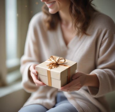 An elegant gift box with a tasteful ribbon, set against a cozy background.
