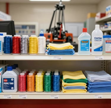 Technician inspecting lubricants and fluids containers with Prairie Rig labels