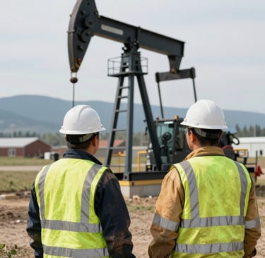 Close-up of well-used safety helmets and gloves neatly arranged on a rig site bench