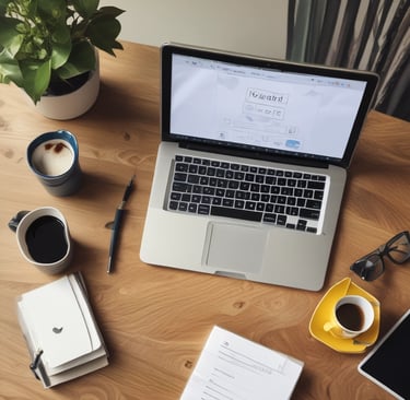 A vibrant workspace with a laptop displaying social media analytics and colorful notes.