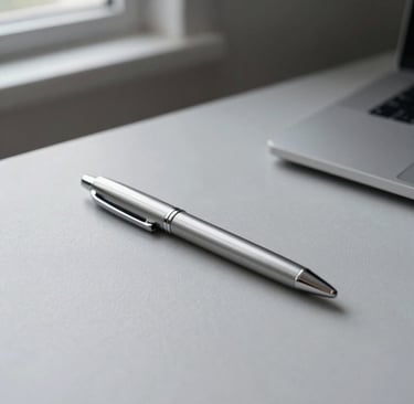 A minimalist, artistic still life photograph of a single sleek silver pen resting on a clean light gray textured surface in a Northern European design studio. Soft, diffused natural light from a side window creates delicate shadows. The palette is dominated by light gray and dark gray tones, emphasizing a professional and refined mood.
