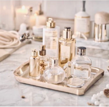 Morning routineMinimalist vanity with skincare bottles →Parisian-inspired curated vanity with luxury