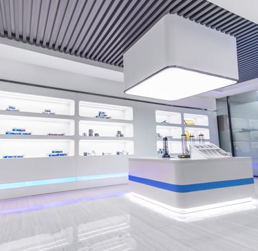 Modern medical showroom interior with white product display shelves and blue LED accent lighting.