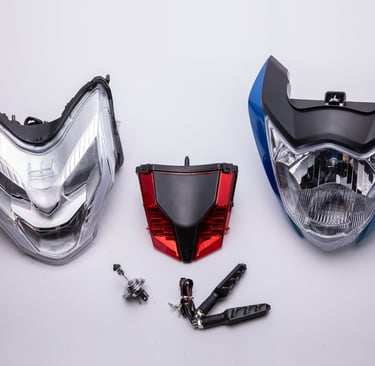 Motorcycle lighting kit including headlamp assemblies, red LED tail light, and turn signal indicators.