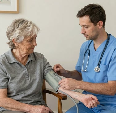 A smiling nurse attending to medication for an older adult at a kitchen table.