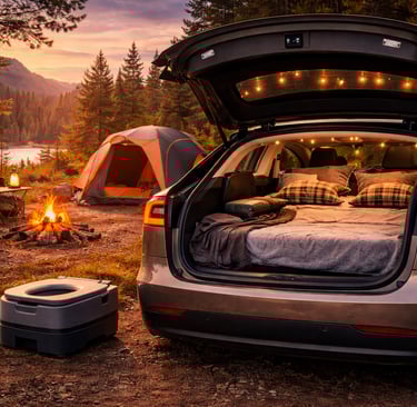 Camping in a Tesla? Discover the portable toilet solution that makes off-grid travel stress-free.