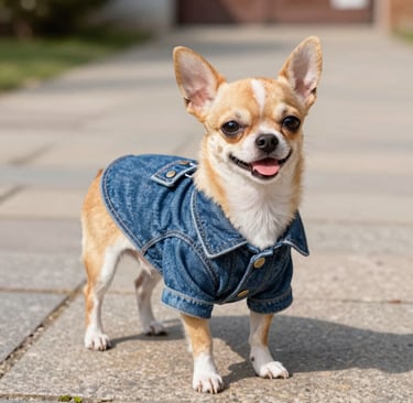 Cachorro de chihuahua de color marrón claro y blanco, con una elegante chaqueta vaquera 