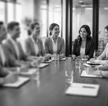 employees seated at a meeting table, all wearing teh same kind of outfit, except one