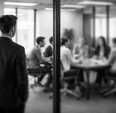 an employee feeling excluded, looking at his team having a good time, behind a glass wall