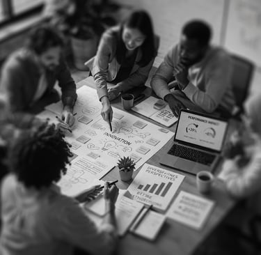 diverse group of people brainstorming gathered around a meeting table
