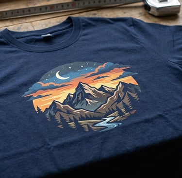 T-shirt blu con disegno di una paesaggio di montagna in stile cartoon