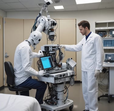 A biomedical equipment technician using a tablet with AI-powered diagnostics in a hospital setting.