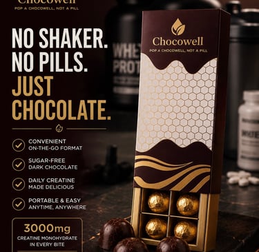 Sugar-free dark chocolate creatine monohydrate bites by Chocowell, a portable supplement alternative to pills.