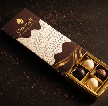 Elegant Chocowell gift box containing an assortment of dark and white gourmet chocolate truffles.