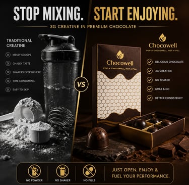 A comparison of messy traditional creatine powder versus Chocowell premium chocolate creatine supplements.