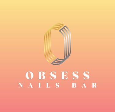 Elegant gold and silver logo for Obsess Nails Bar on a peach and yellow gradient background.