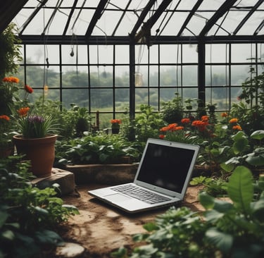 A friendly customer service representative holding a tablet with plants in the background.