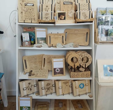 Dalbeattie Wood product display on white shelving unit. Wooden flower presses, clipboards, scavenger hunt boards