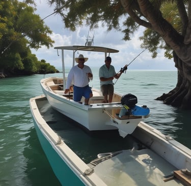 A family laughing on a boat surrounded by gentle Caribbean waves, ready for a day of fishing adventure.