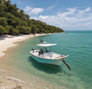 A local angler proudly holding up a vibrant permit fish against a backdrop of crystal-clear turquoise flats under a sunny sky.