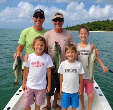 A local guide pointing out fishing spots from a small boat under a bright Caribbean sky.
