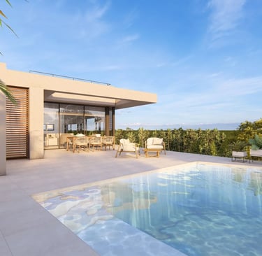 terraza con vistas a la piscina y al mar en Calviá