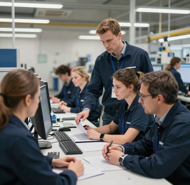 A warehouse bustling with activity, showing seamless coordination between on-site managers and workforce partners.