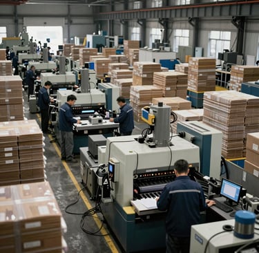 A busy factory floor with temporary staff efficiently operating machinery under client supervision.