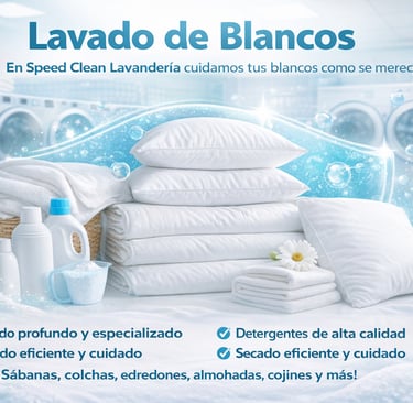 Servicio de lavado de blancos con sábanas y almohadas limpias en una lavandería profesional.