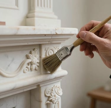 Close up of ornate marble fireplace being cleaned with a brush