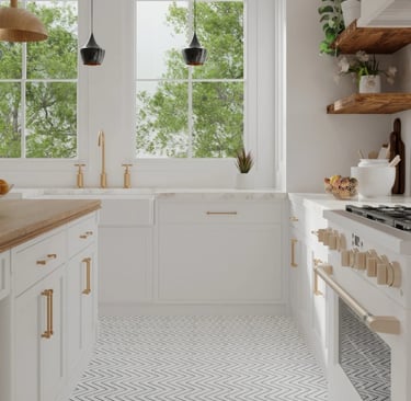 Pristine white kitchen with rose gold handles and taps