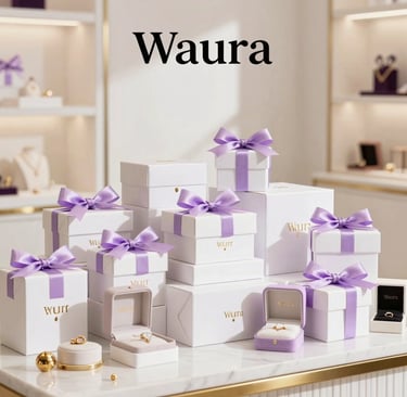 Beautifully wrapped premium gift boxes with gold and purple ribbons on a white surface