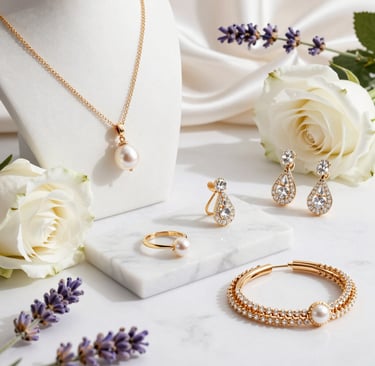 Close-up of elegant gold and purple minimalist jewelry pieces on a white background
