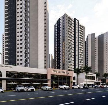 Ground floor retail strip featuring Coffee De Aperito and parking area